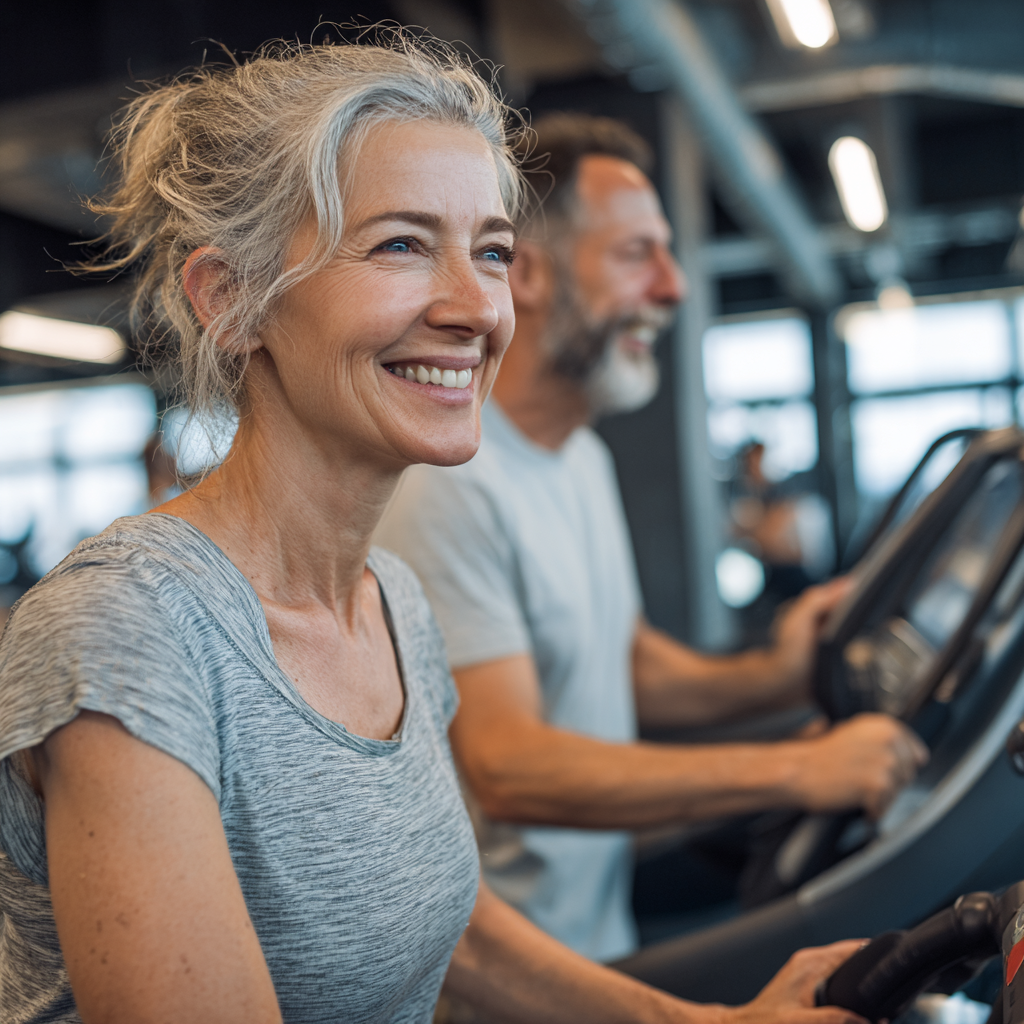 50 years adults engaging in comfortable fitness activities in a modern gym environment