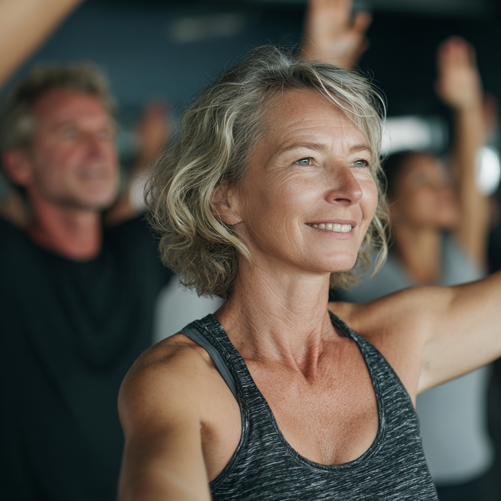 52 years old adults training in group fitness class 